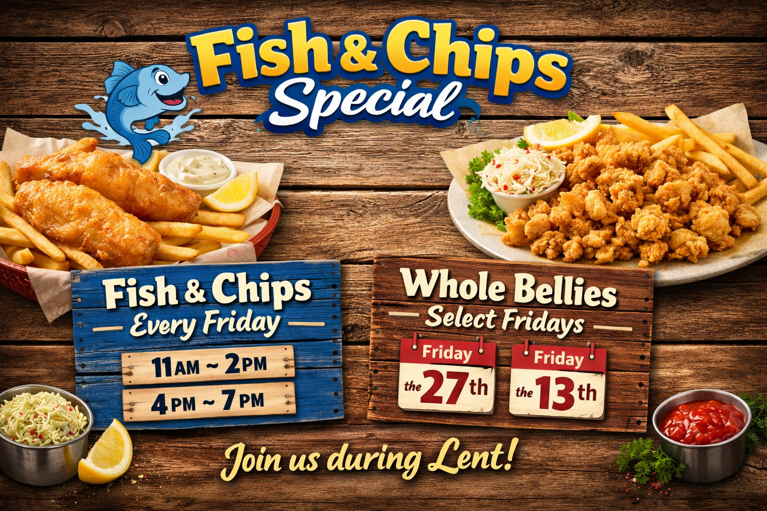 Fish & Chips Special promotional image featuring fish, whole bellies, and meal times