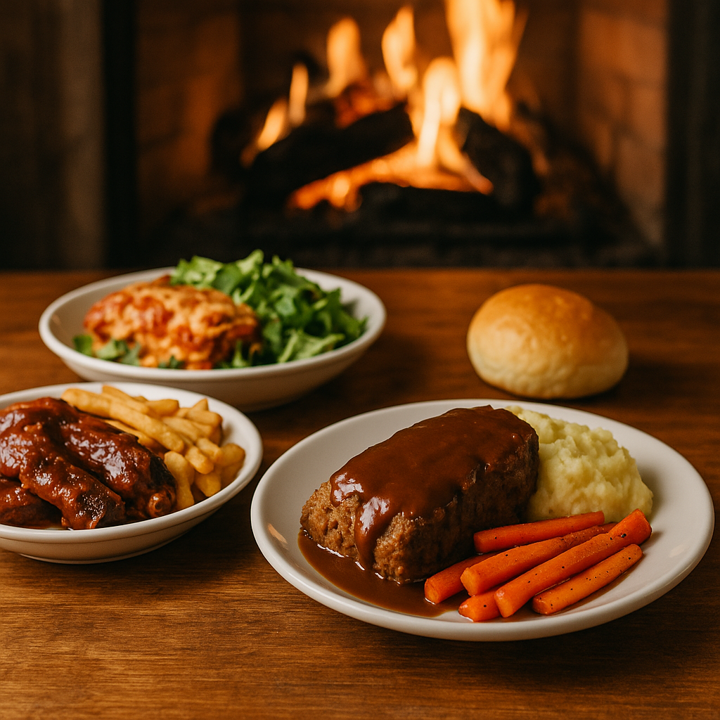 Comfort food dishes including meatloaf, ribs, and lasagna by the fireplace
