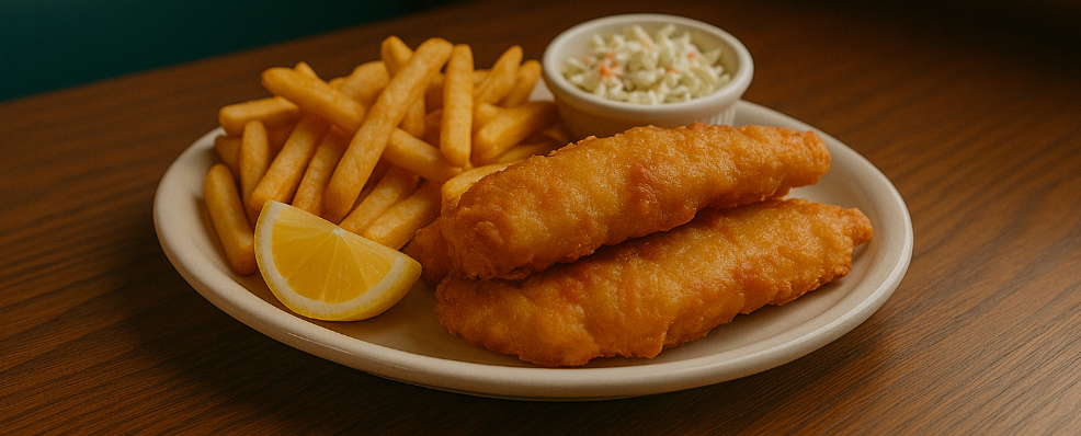 Delicious platter of Fish and Chips, a Friday special at The Eatery